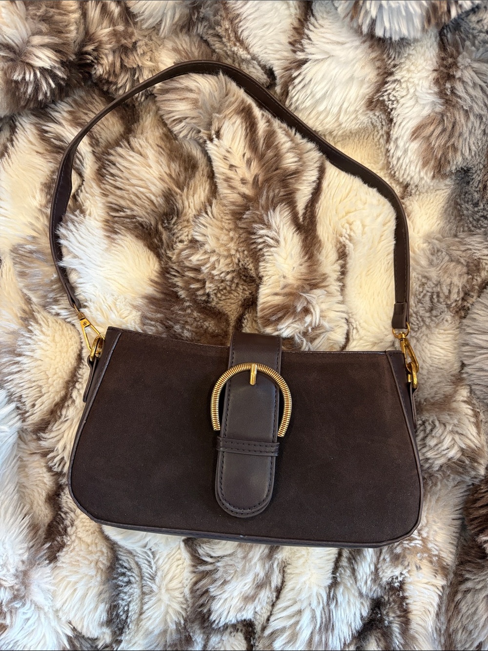 Brown 🤎 Suede Shoulder Bag with Gold Hardware Purse Womens NEW